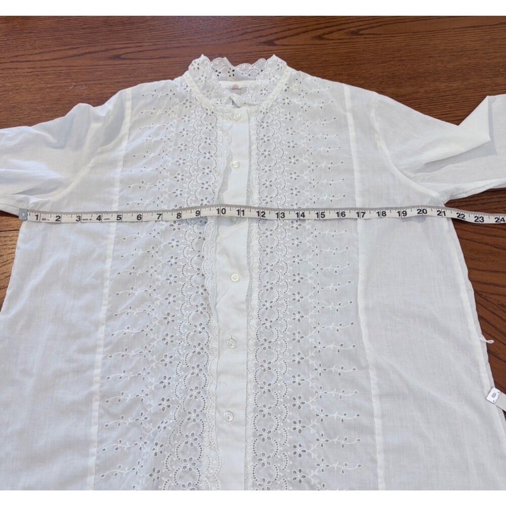 Vintage High Neck White Eyelet Blouse - Size 16 - Long-Line Tall Friendly 29" L - Picture 3 of 7